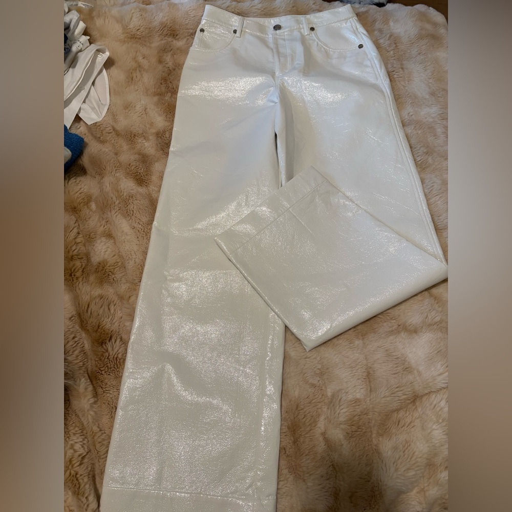 STAUD Glossy White Faux Leather Wide Leg Pants